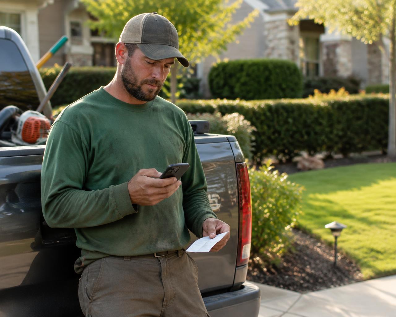A landscaper logging a receipt on his phone next to his truck